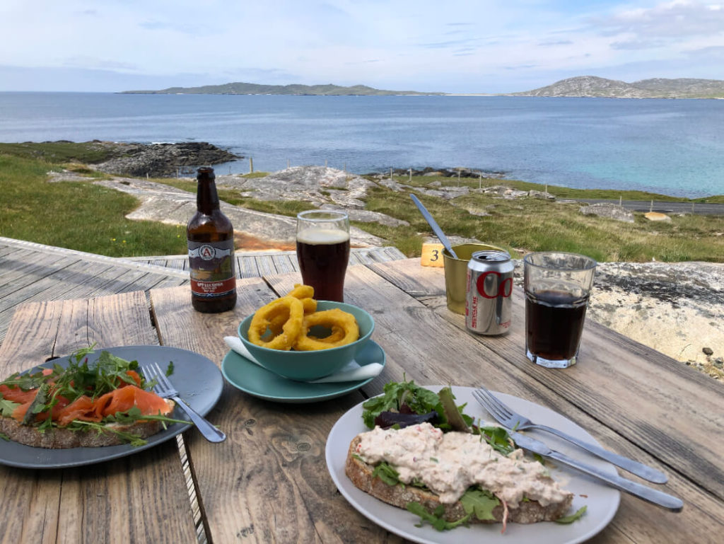 lunch on table overlooking sea on Harris